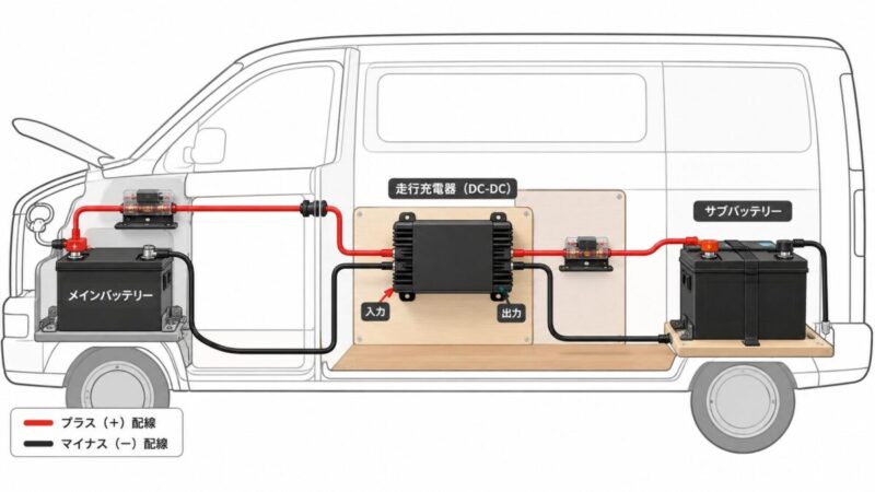 メインバッテリーから走行充電器を経由してサブバッテリーへ接続する基本配線のイメージ