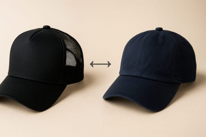 メッシュとコットンの無地キャップを並べ、矢印で使い分けを示した比較イメージ。