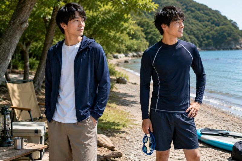 メンズのUVパーカーと水中用ラッシュガードを用途別に比較するイメージ