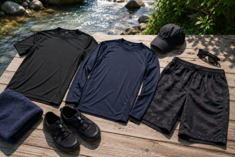 メンズ向けの速乾Tシャツと長袖インナーを水遊び用に比較するイメージ