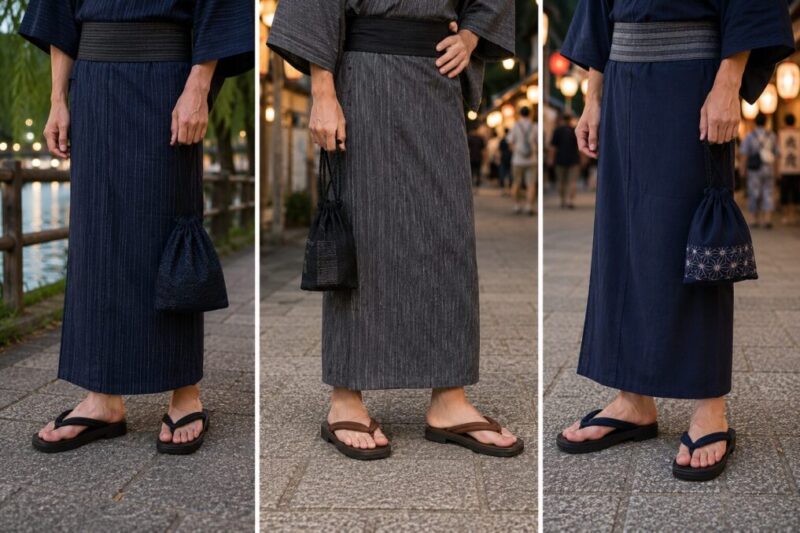 メンズ浴衣に黒や茶色のシンプルなサンダルを合わせた足元比較イメージ