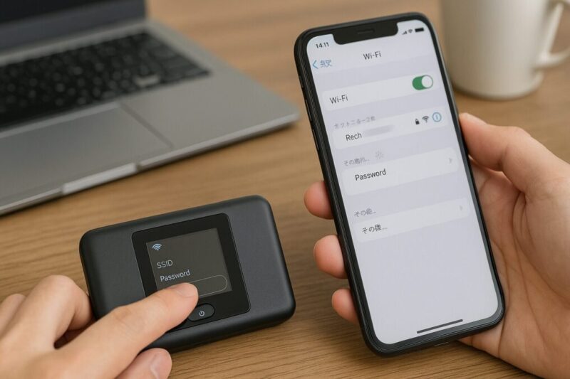 モバイルWi-Fi端末を操作し、スマホのWi-Fi設定と並べてパスワード変更を行う場面