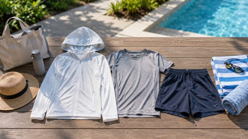 ユニクロ風のUVパーカーや速乾Tシャツを街用と水辺用に分けて選ぶイメージ