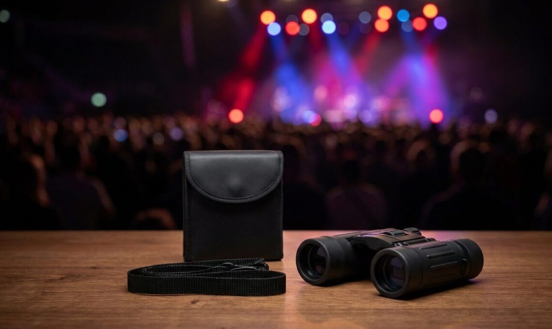 ライブ会場で使うコンパクト双眼鏡とケース一式を並べた、選び方ガイドのイメージ。