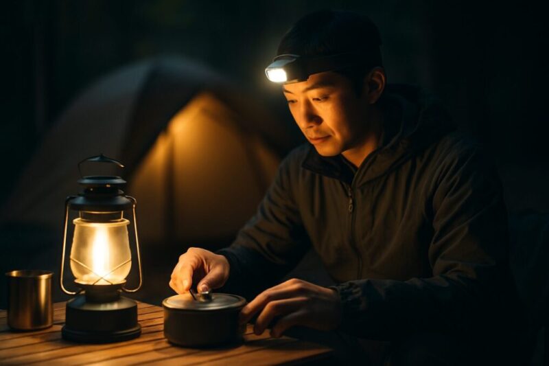 ランタンとヘッドライトを同時に使い、サイト全体と手元を照らす日本人キャンパーの夜のスチル