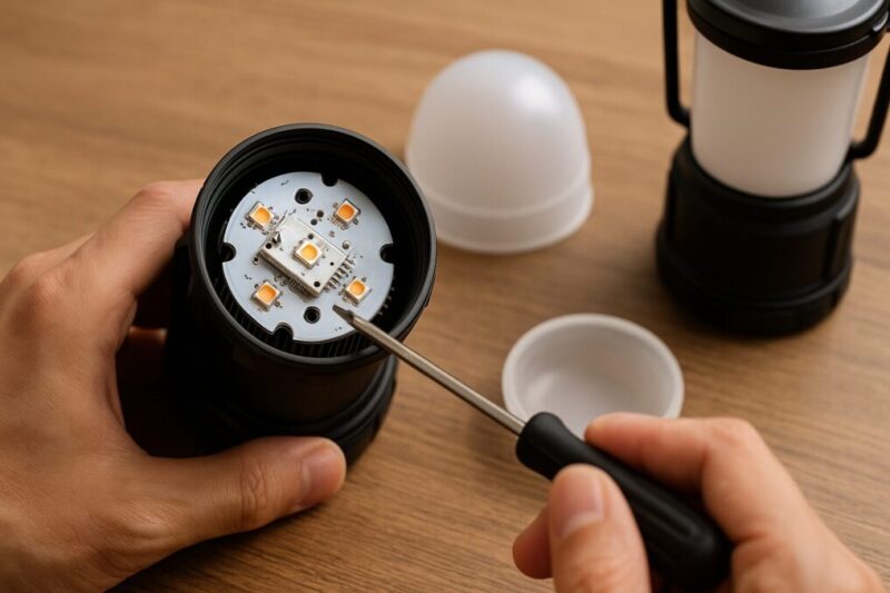 ランタンのディフューザーを外し、内部のLEDユニット一体構造を指し示しているクローズアップ。