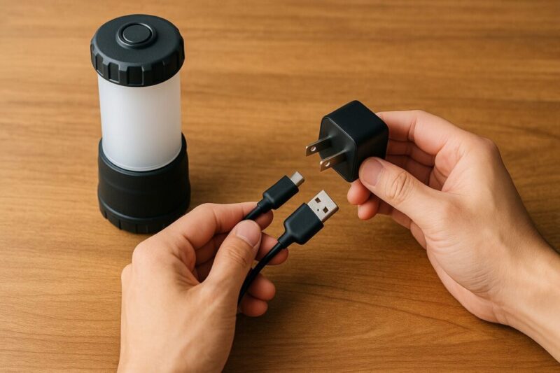 ランタンの充電不良を切り分けるため、USBケーブルとACアダプタを手元で確認している様子。