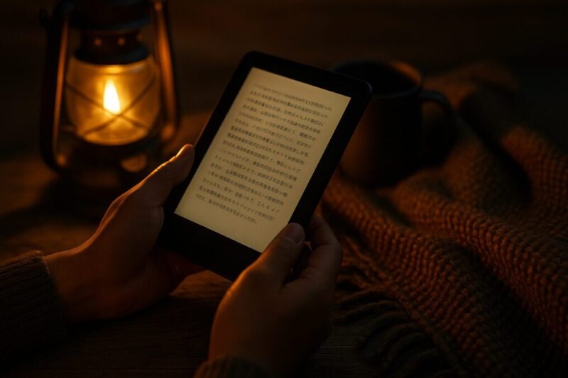 ランタンの灯りで電子書籍を読む手元のクローズアップ