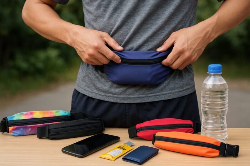 ランナーの腰元アップと、テーブルに並ぶ色違いの伸縮ウエストポーチ。前面にスマホ・カードケース・ジェル・細身ボトルを置いてラージの容量目安を示した写真。