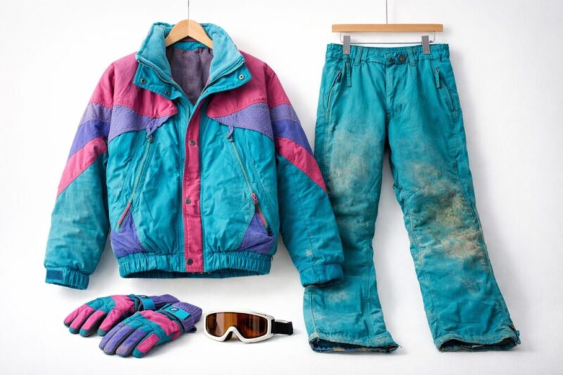 リセールを意識してレトロなスキーウェアを撮影しているイメージ