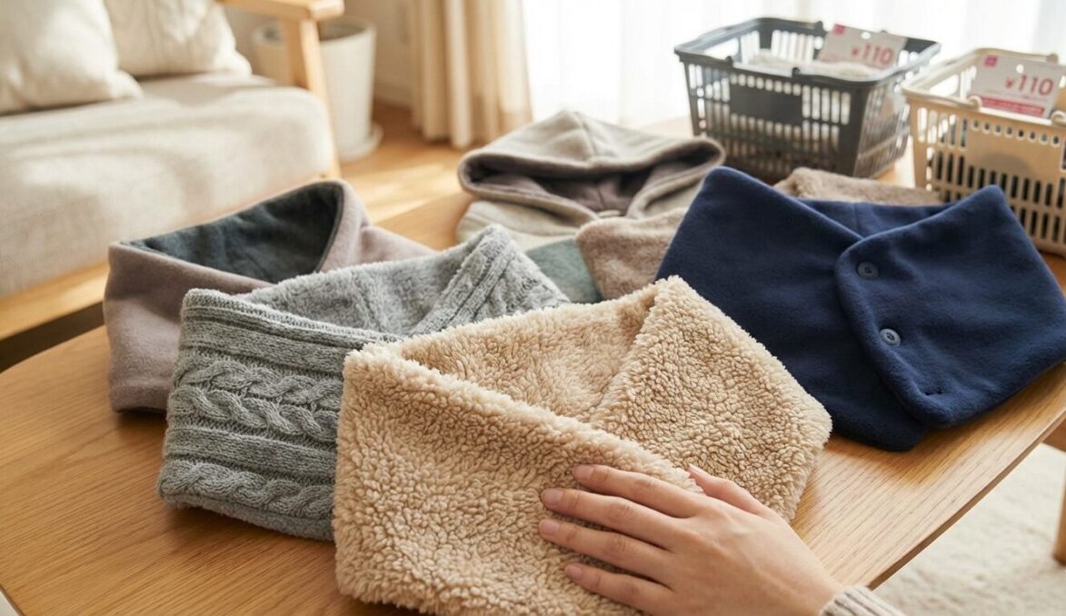 リビングで多様な100均ネックウォーマー（ボア、ニット、ボタン付きなど）を広げて比較し、手触りを確かめている様子