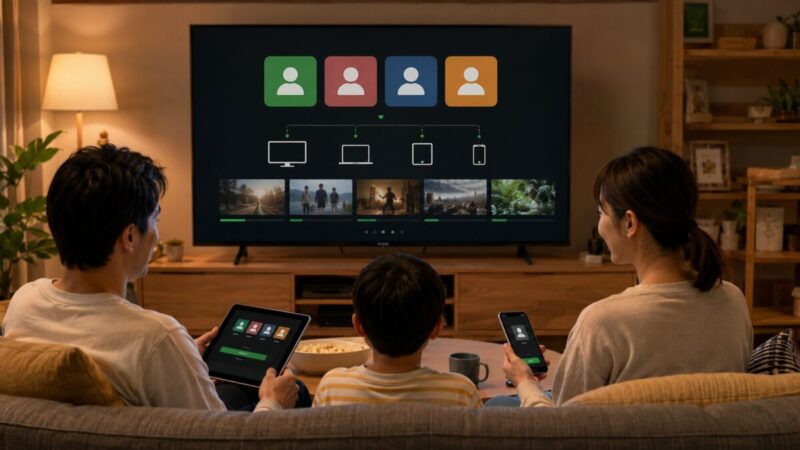 リビングで家族がテレビやタブレット、スマホを使いながら動画配信サービスのプロフィールと端末利用を確認する様子