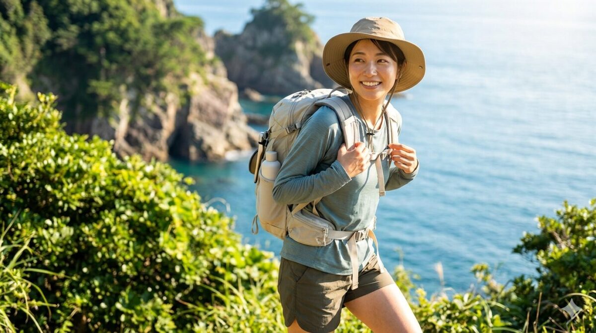 リュックのサイドポケットに日焼け止めを入れ、日傘と帽子を着用した日本人女性が、明るい日差しの中で笑顔を見せる。
