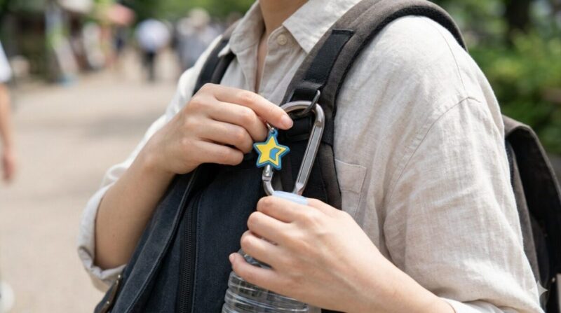 リュックの紐にカラビナでペットボトルを吊り下げる様子