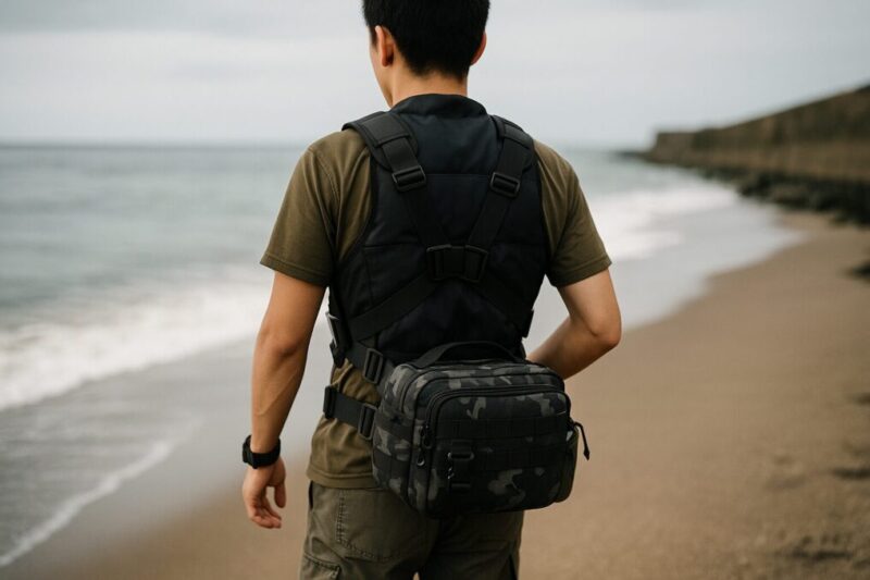 リュック運用で胸・腰ストラップを締め、PFDに干渉しない位置で歩く日本人アングラーの後ろ姿。