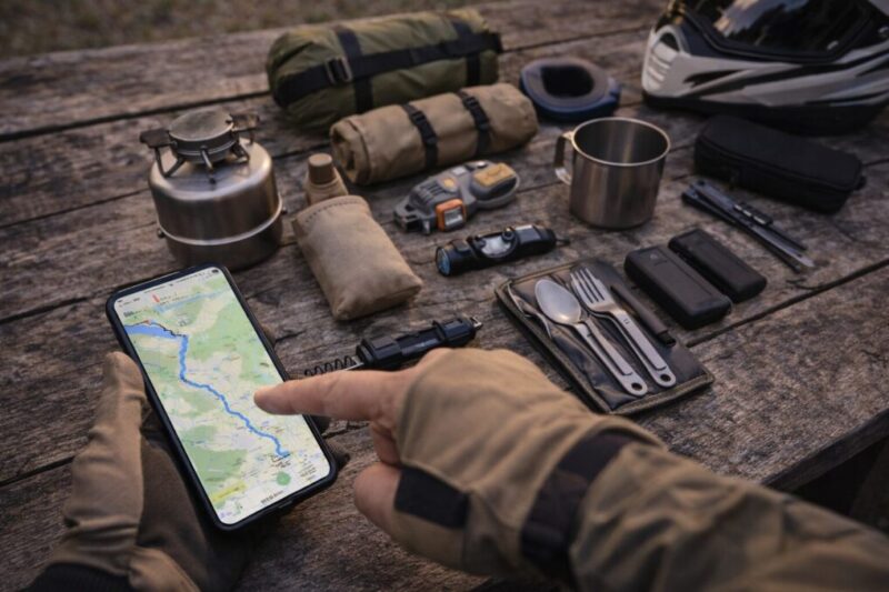 ルートを確認しながら、持っていく装備を最小限に整理して計画している様子