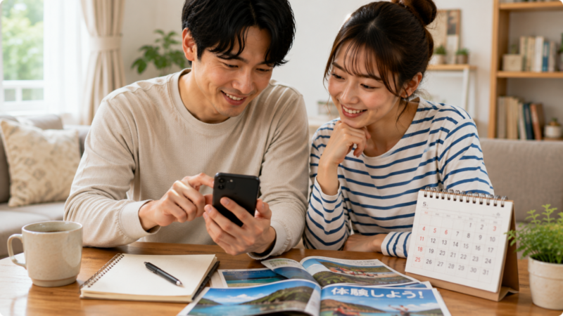 レジャーの予定を立てながらスマホでチケットの購入内容を確認する男女