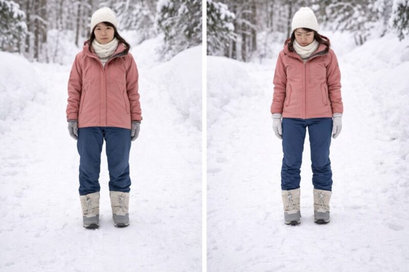 レディースの雪遊びコーデで重ね着しやすいサイズ感を比較する写真