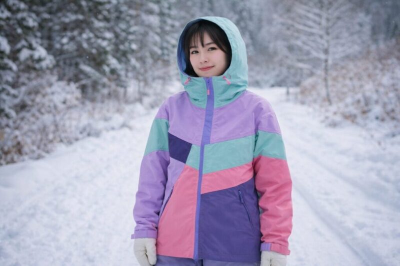 レディース向けに着やすいサイズ感と淡色レトロ配色を意識したスキーウェア