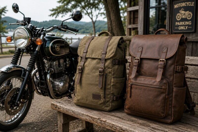レトロなバイクに合わせやすい帆布風とレザー調のリュックを並べた様子