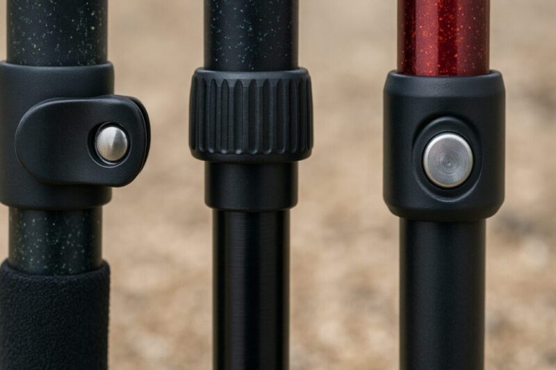 レバーロック・スクリュー・ピンロックの3種類のトレッキングポールのロック機構を並べて比較したアップ写真。