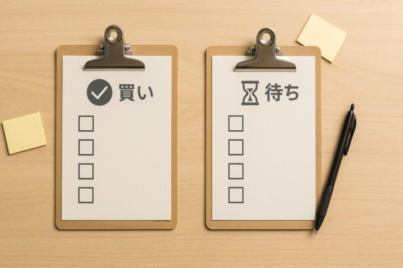 レビューを「買い」「待ち」に仕分ける判断基準を可視化した二列チェック表の俯瞰イメージ。