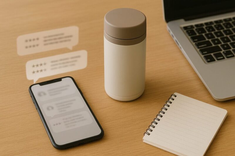 レビューを見比べながら真空マグの評価をチェックしているワークデスクのイメージ。