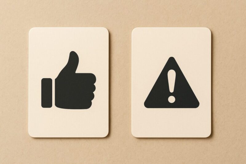 レビュー傾向の要点を示すため、良い評価と気になる点をアイコンで左右に並べたカード写真。