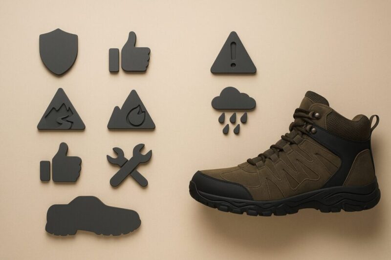 レビュー傾向の要点を示す二列のピクトグラムと無地の登山靴を並べた比較イメージ