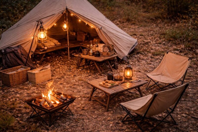 ロースタイルで統一したソロキャンプサイトのレイアウト例