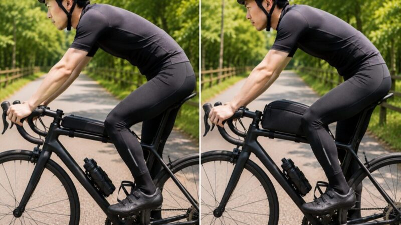 ロードバイクで膝に当たりにくいトップチューブバッグの幅と高さを比較する様子