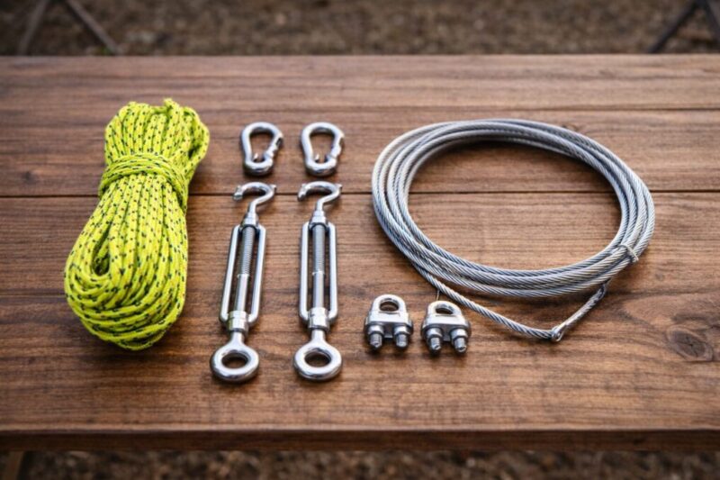 ロープとワイヤー固定に使うパーツを並べて比較するイメージ
