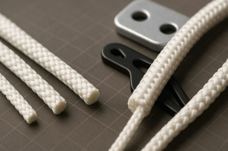 ロープ径（345mm）と三穴・V字の自在金具の相性の違いを、柔らかな照明で撮影した静物写真。