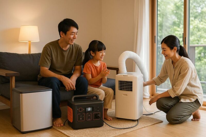 ポータブル電源から移動式エアコンへ給電イメージ