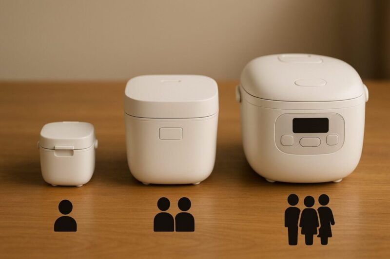 一人旅からファミリーまで人数に合わせた炊飯器のサイズ比較イメージ。