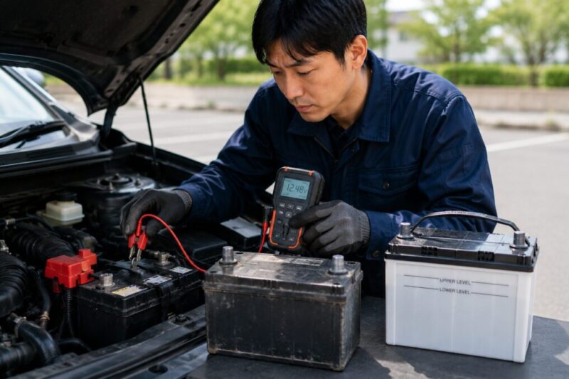 一度上がった車のバッテリーを点検して交換判断する様子