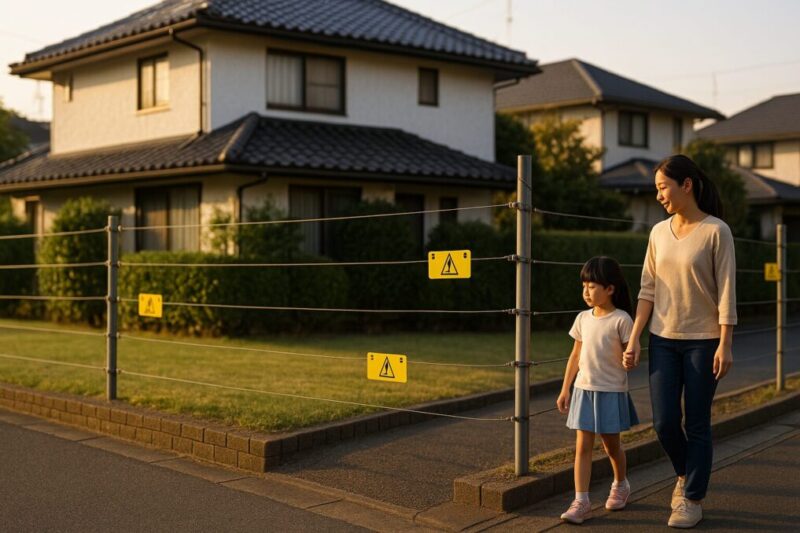 一軒家の敷地内に後退して設置された電気柵と、その前の歩道を安全な距離を保って歩く日本人親子を写した防犯イメージ写真。