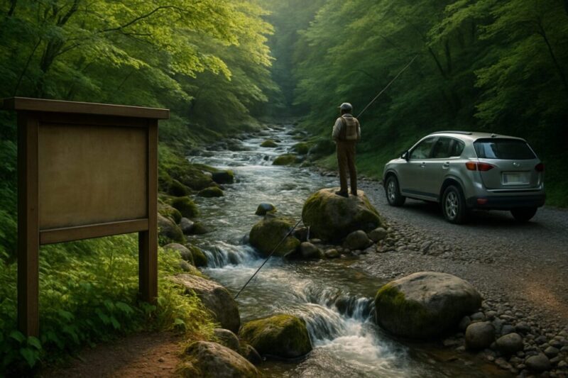 下りで下流側の釣り人のポイントを踏まないよう配慮するイメージ