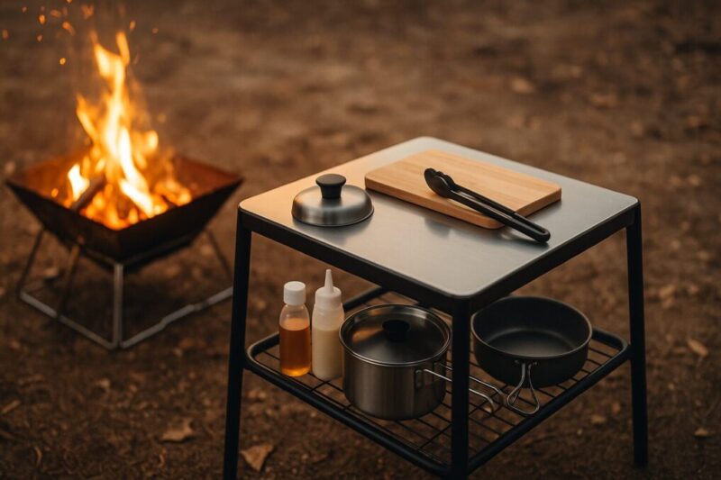 下段棚に道具を置いて動線が整った焚き火テーブルの使用イメージ。