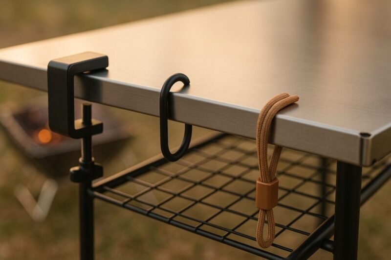 下段棚を固定する金具やフックを比較して安定性を検討するイメージ。