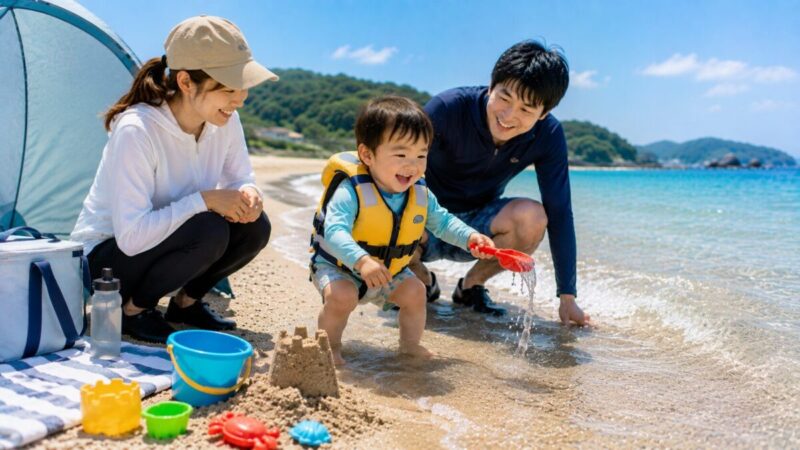 両親に見守られながら波打ち際で砂遊びと水遊びを楽しむ2歳前後の子ども
