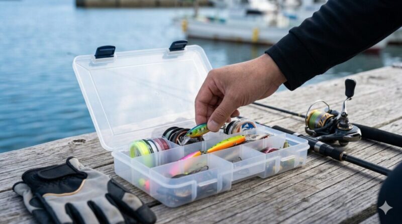中型ケースに基本釣具を収納する様子