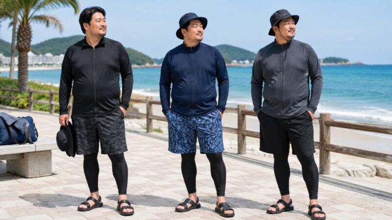中年男性向けに黒やネイビーの無地ラッシュガードを比較するイメージ