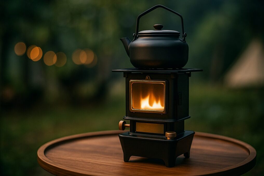 丸テーブルに置いた無地の小型アイロンストーブ。角窓に炎が揺れ、天板にやかんを載せた暖かな情景。