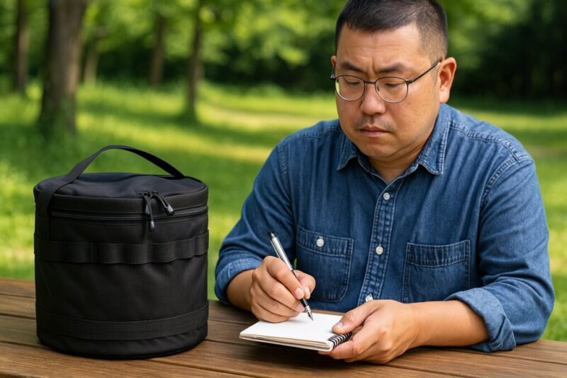 丸型ケースを横に置き、屋外でレビュー項目をノートに記録する日本人の男性