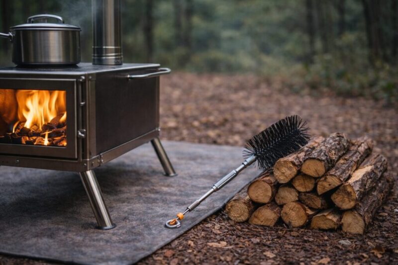 乾燥薪と煙突掃除で煙とニオイを減らす対策イメージ。