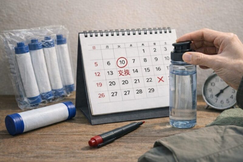 交換フィルターの入手性や交換時期を重視して携帯浄水器を選ぶイメージ