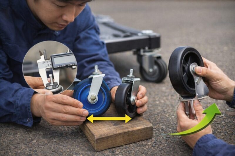 交換用タイヤの軸径と幅を測りながら適合を確認しているキャリーカートの修理風景