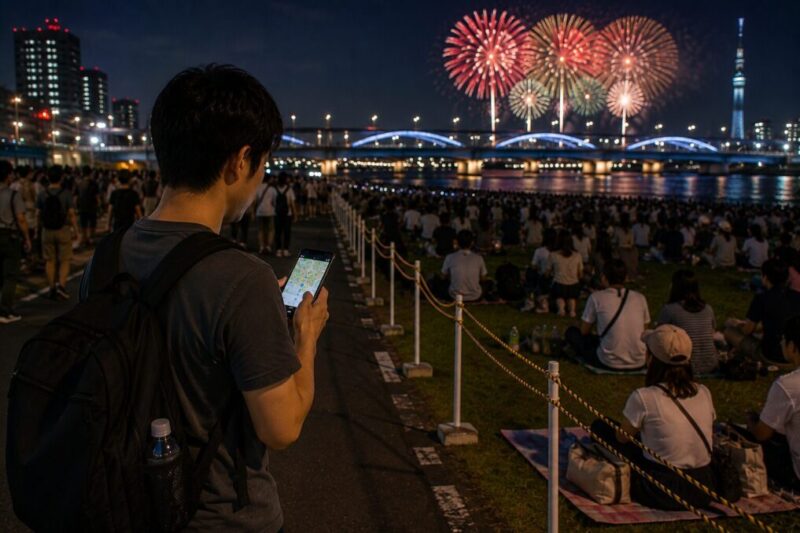 人気花火大会の会場ルールをスマホで確認する様子