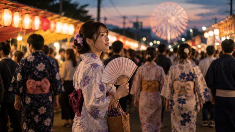 人混みの花火大会で浴衣姿の女性が扇子を使って暑さ対策をする様子